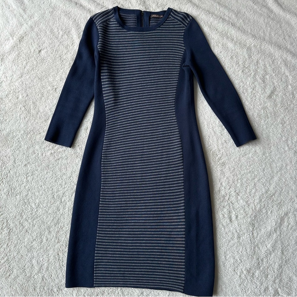 J. McLaughlin Navy Blue Grey Stripe Knit Sweater Dress Colorblock XS Career